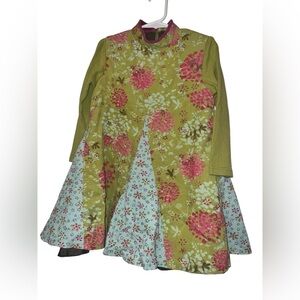 Catimini green blue floral corduroy panel Dress Sz 5